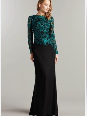 Tadashi Shoji Emerald Lace Bodice Black Long-Sleeve Gown